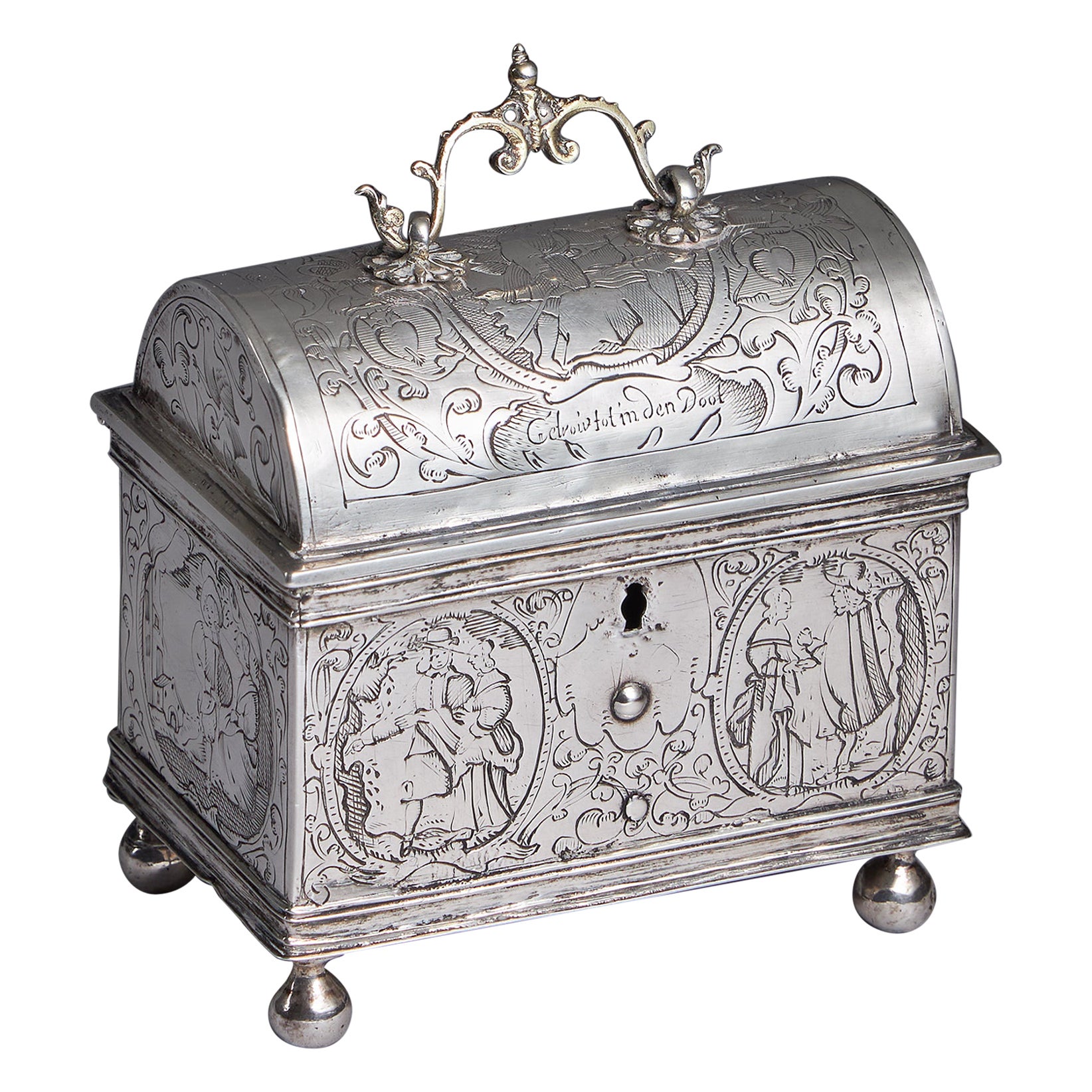 Cofre nupcial o knottekist holandés de plata grabada de mediados del siglo XVII, circa 1660