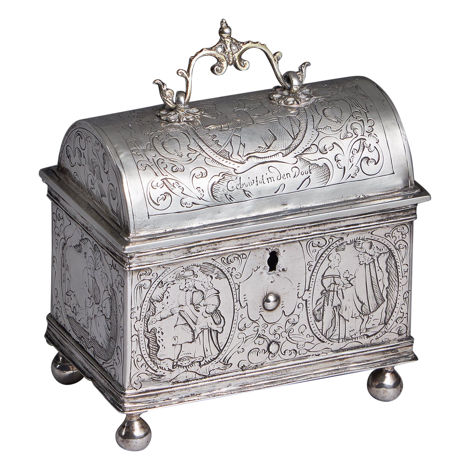 Mid 17th Century Dutch Engraved Silver Wedding Casket or knottekist, Circa 1660