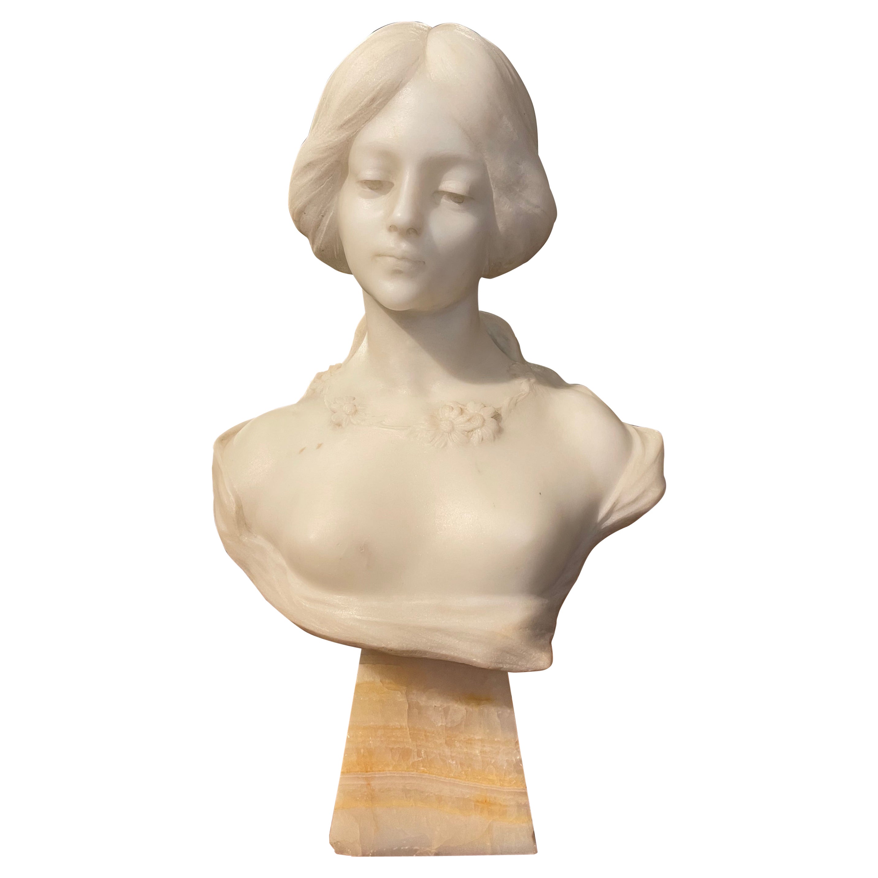 Buste de jeune beauté en marbre sculpté français du début du 20e siècle signé A. Gory