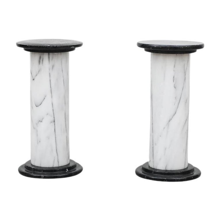 Mid-Century Small Black and White Marble Pillars as Side Tables or Plant Stands For Sale