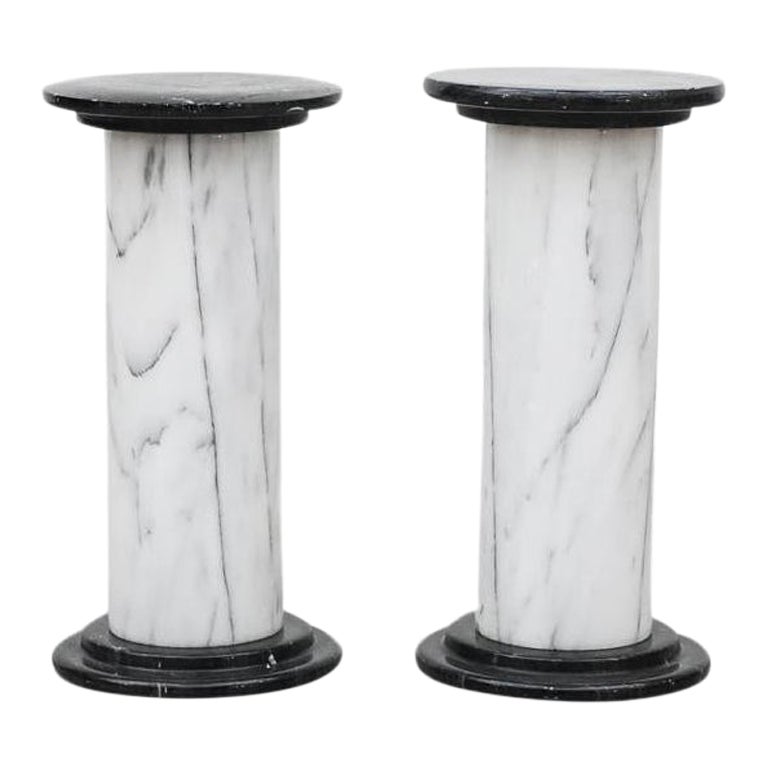 Mid-Century Small Black and White Marble Pillars as Side Tables or Plant Stands