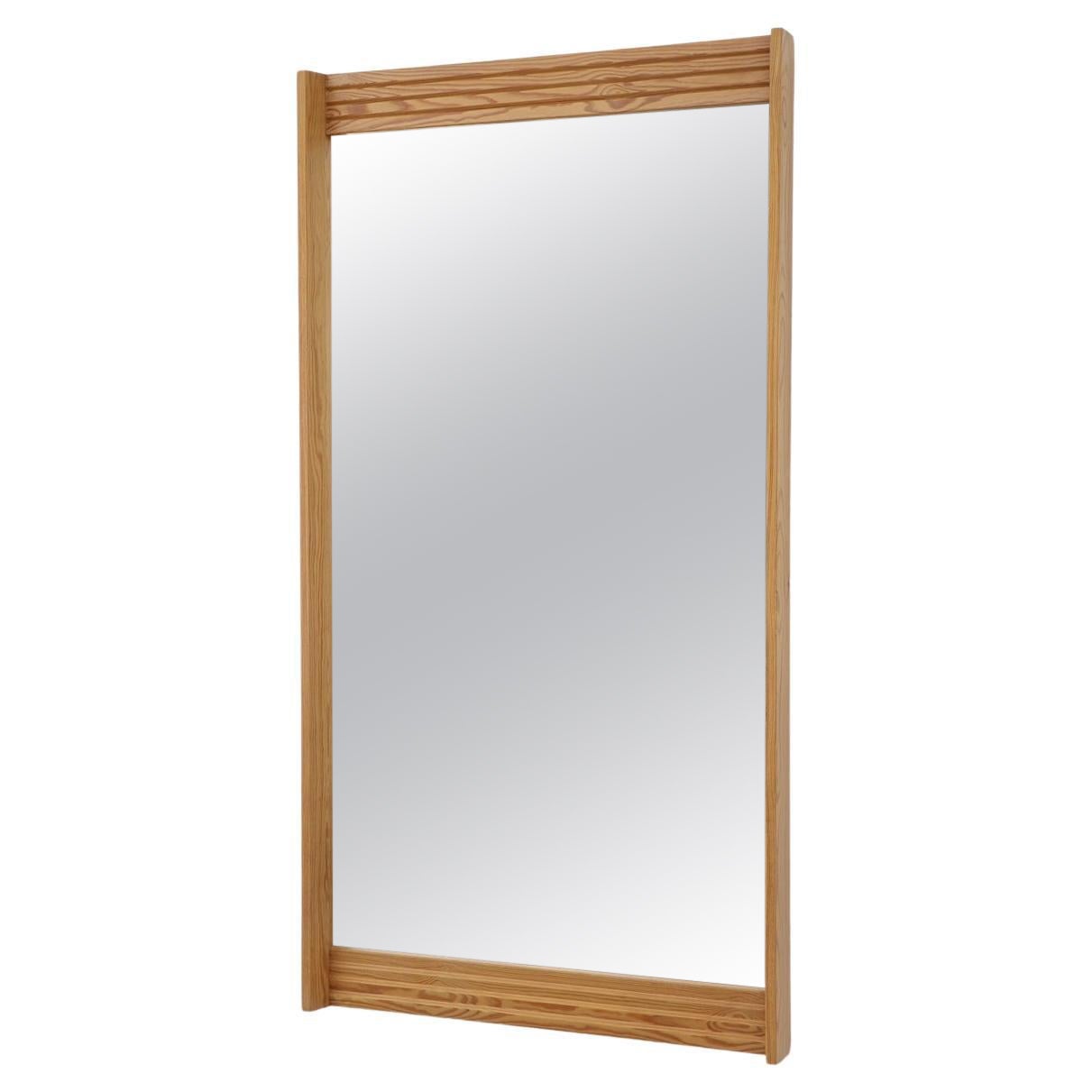 Mid-Century Swedish Solid Pine Wood Wall Mirror w/ Layered Top & Bottom Details