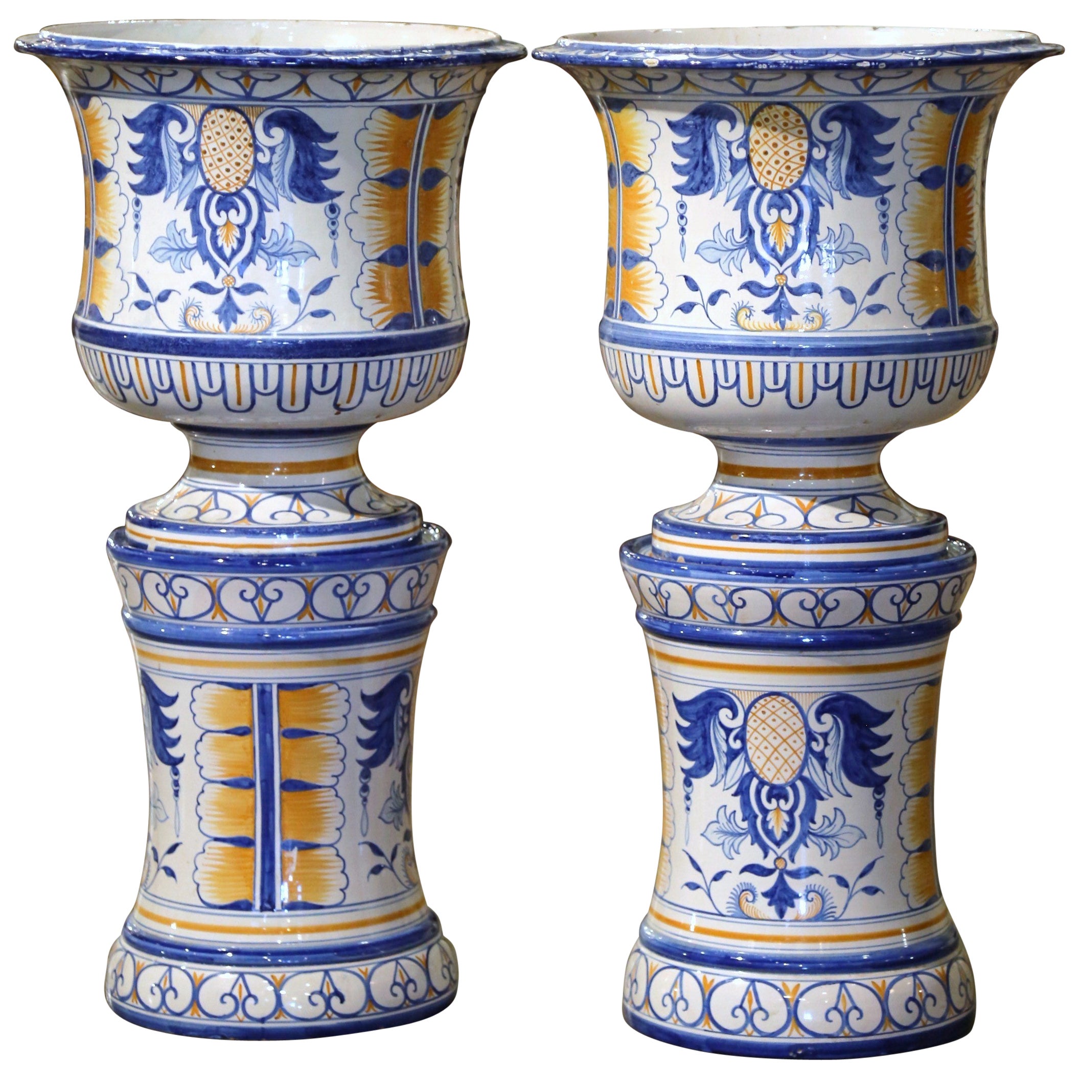 Pair of Mid-Century French Hand-Painted Faience Planters and Bases from Nevers For Sale
