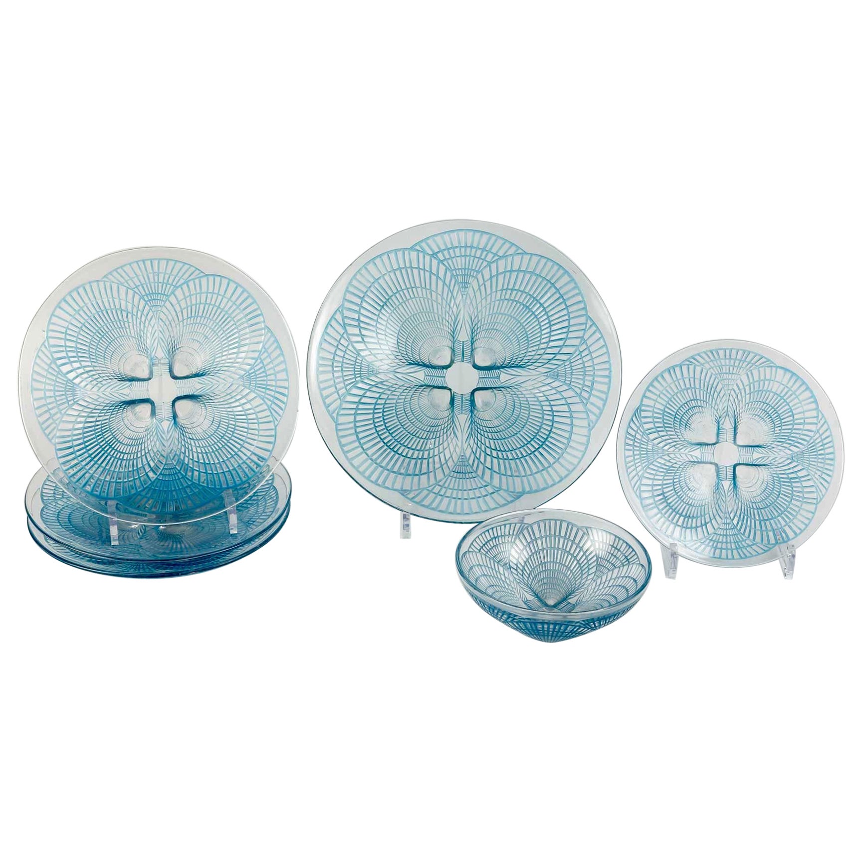 1924 René Lalique - Tablewares Plates Bowl Coquilles Shells Glass Blue Patina For Sale
