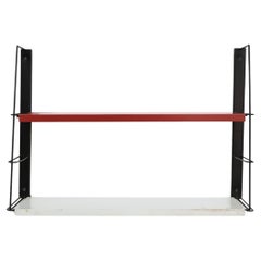 Antique Mid-Century TOMADO Style Metal Black Framed Wall Shelving w/ Red & White Shelves