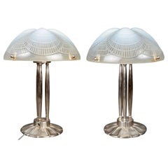 Antique 1924 René Lalique - Pair Of Lamps Coquilles Opalescent Glass & Nickeled Bronze