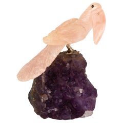 Carved Rose Quartz Gemstone & Amethyst Geode Exotic Pelican Bird Sculpture 