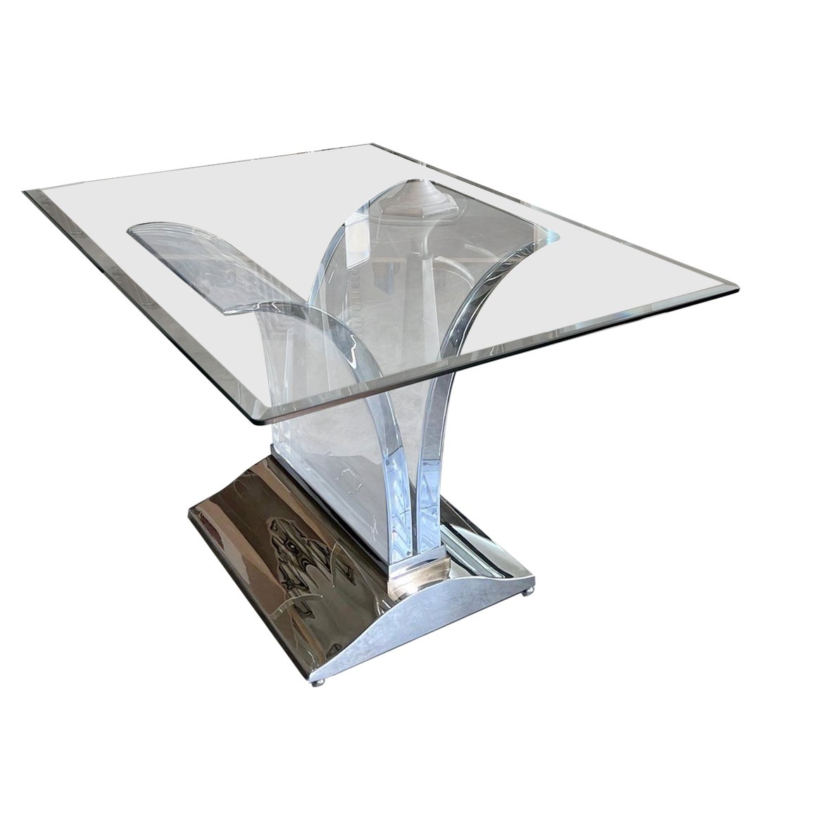Table signée « Lion in Frost » en lucite et chrome avec plateau en verre