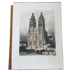 1840 Hand Colored Etching of Cathedral or St Gatien Tours France