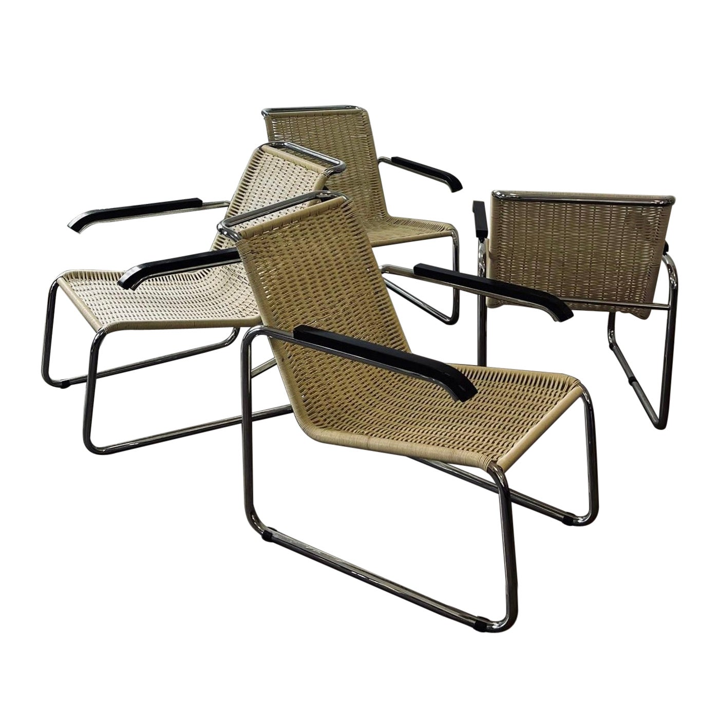 Fauteuils de salon emblématiques Marcel Breuer B35 en chrome et rotin en vente