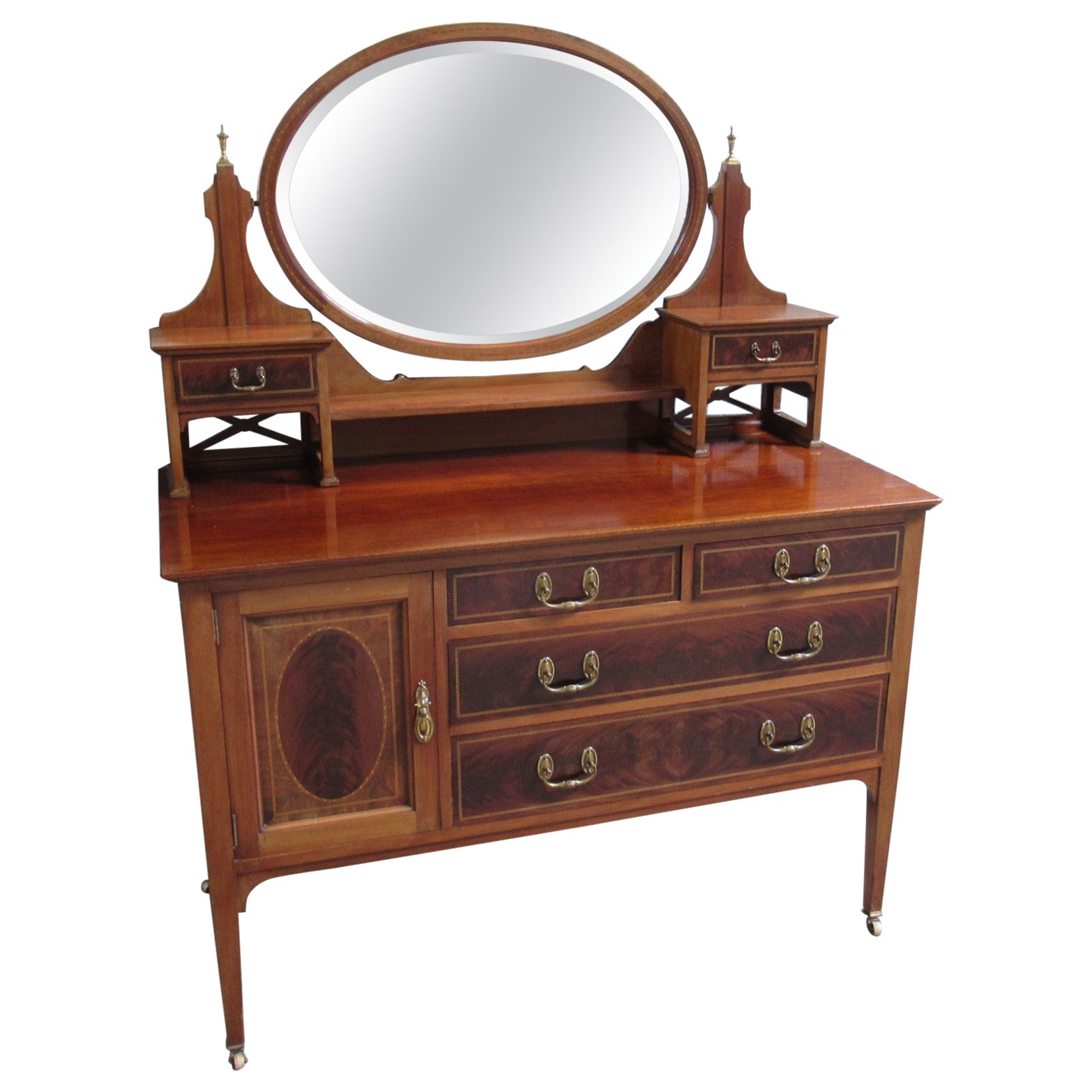 Lovely Antique English 19th C. inlaid flame mahogany Dressing Table or Vanity For Sale
