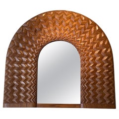 Vintage Oak Raised Chevron Pattern Mirror By Guiseppi Rivadossi, Italy, 1980s