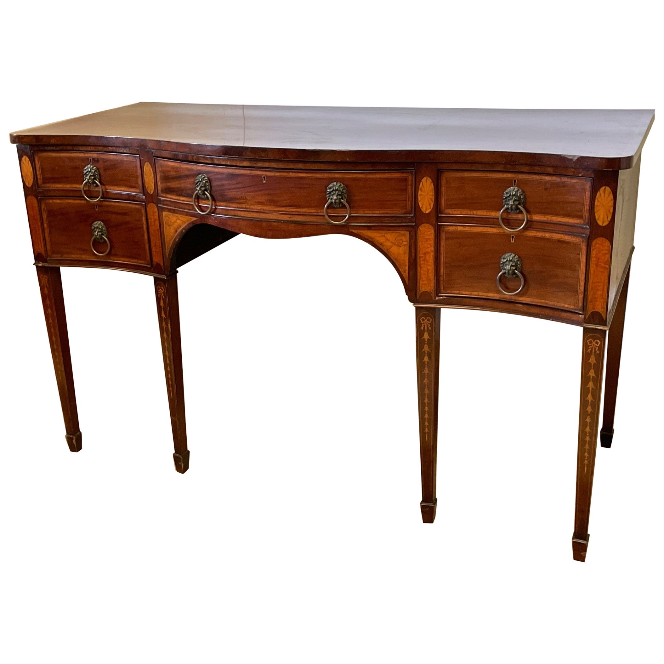 19th C. English Geo. III Marq. Inlaid Mahog. Hepp. style Serpentine Sideboard
