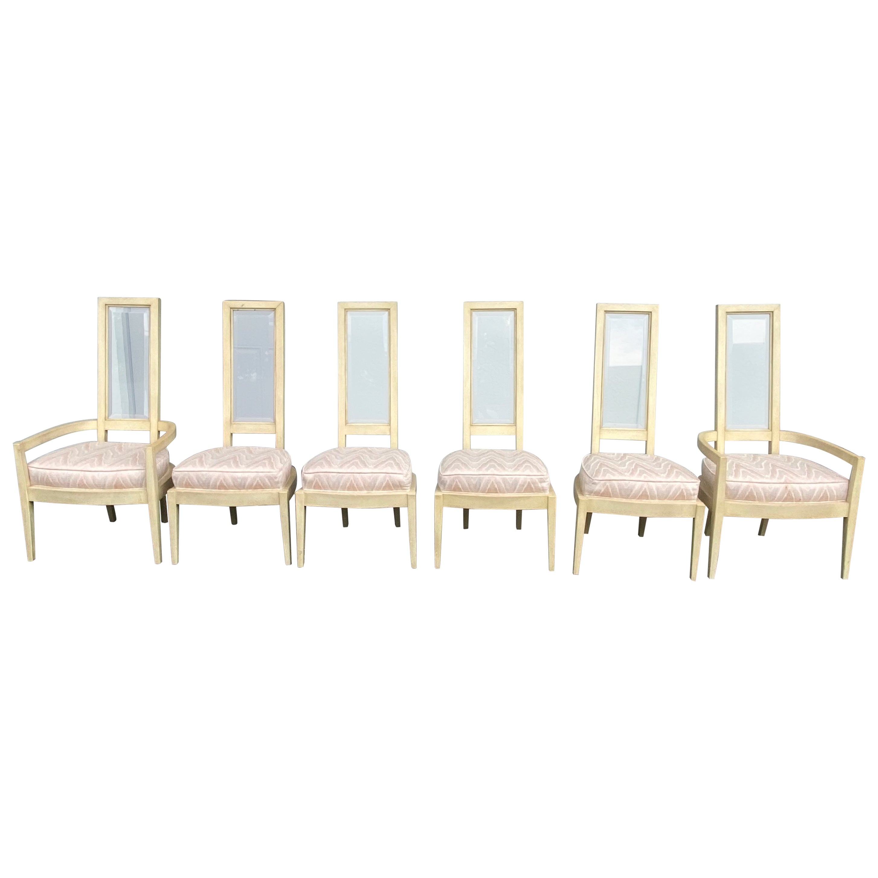 1970s Lucite Back Beige Wood Dining Chairs, Set of 6