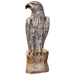 19th Century French Hand Carved Marble Eagle with Glass Eyes