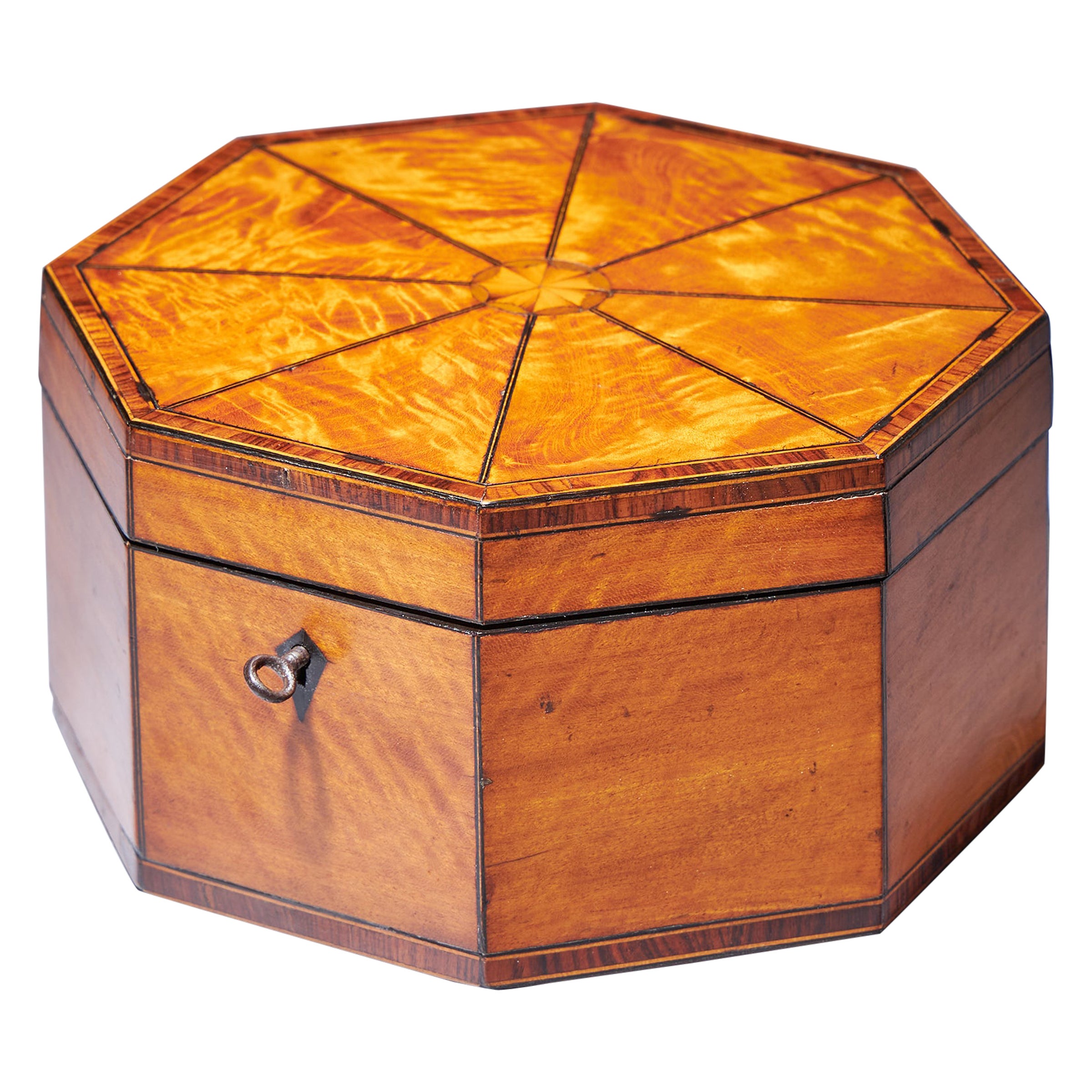 A Fine and Rare George III Octagonal Figured Satinwood Box, C.1790 For Sale
