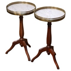 Pair of Early 20th Century Marble Top Walnut and Brass Pedestal Martini Tables