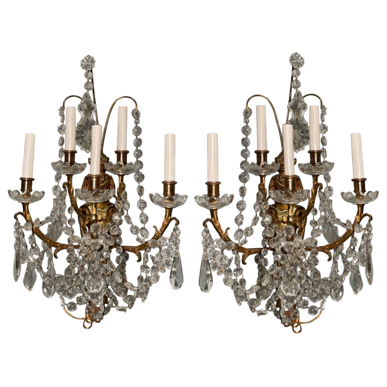Pair of Antique French Crystal Five Light Sconces