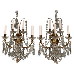 Pair of Antique French Crystal Five Light Sconces