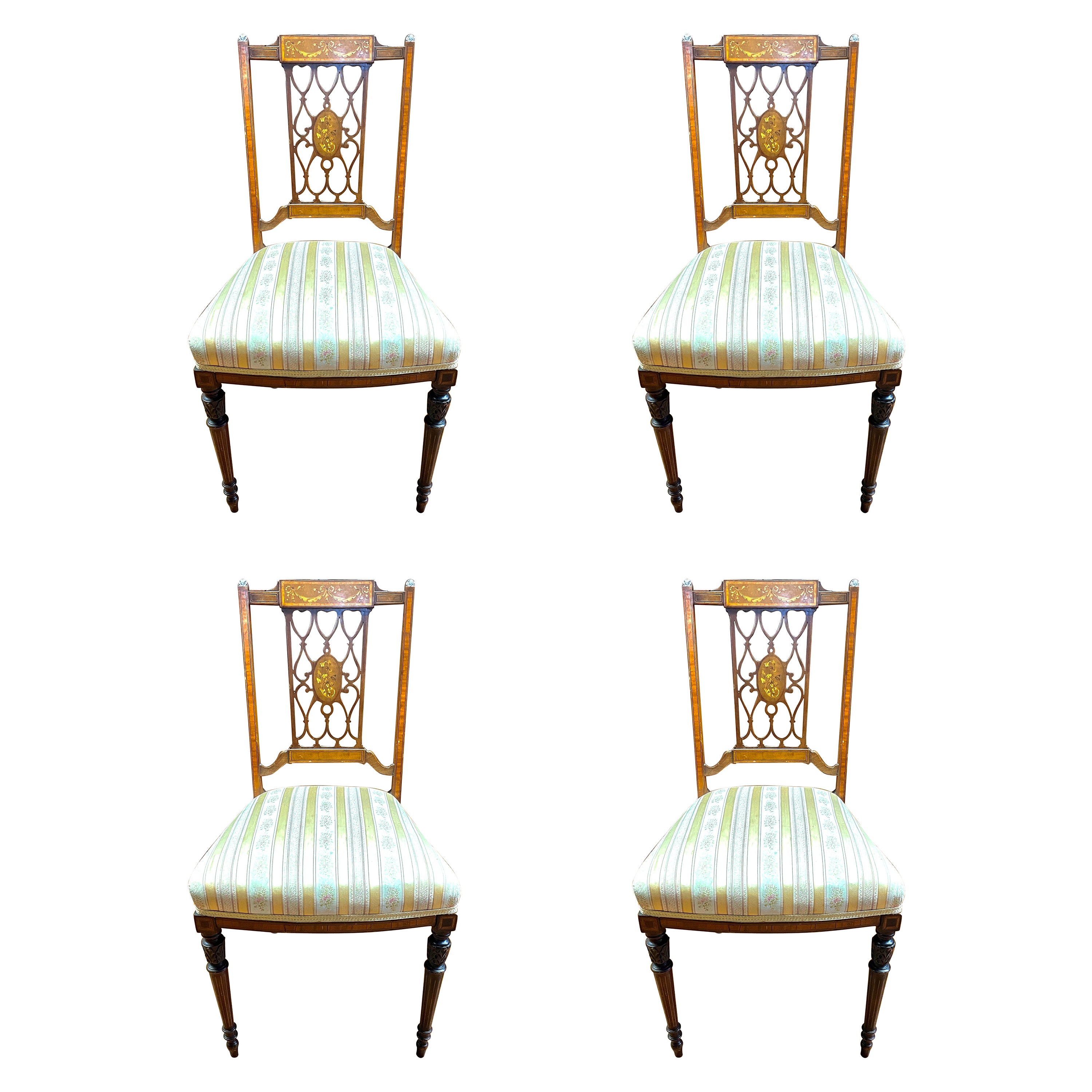 Set of 4 Antique English Edwardian marquetry inlaid Mahog. Sheraton style chairs