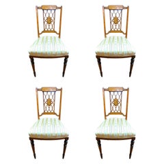 Set of 4 Antique English Edwardian marquetry inlaid Mahog. Sheraton style chairs