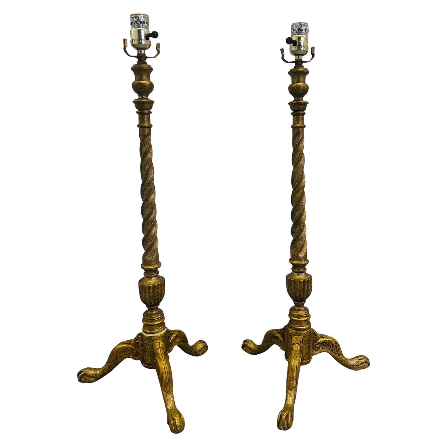 Pair, Vintage Italian Barley Twist Chippendale Style Gilt Wood Table Lamps For Sale