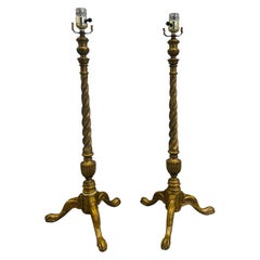 Pair, Retro Italian Barley Twist Chippendale Style Gilt Wood Table Lamps