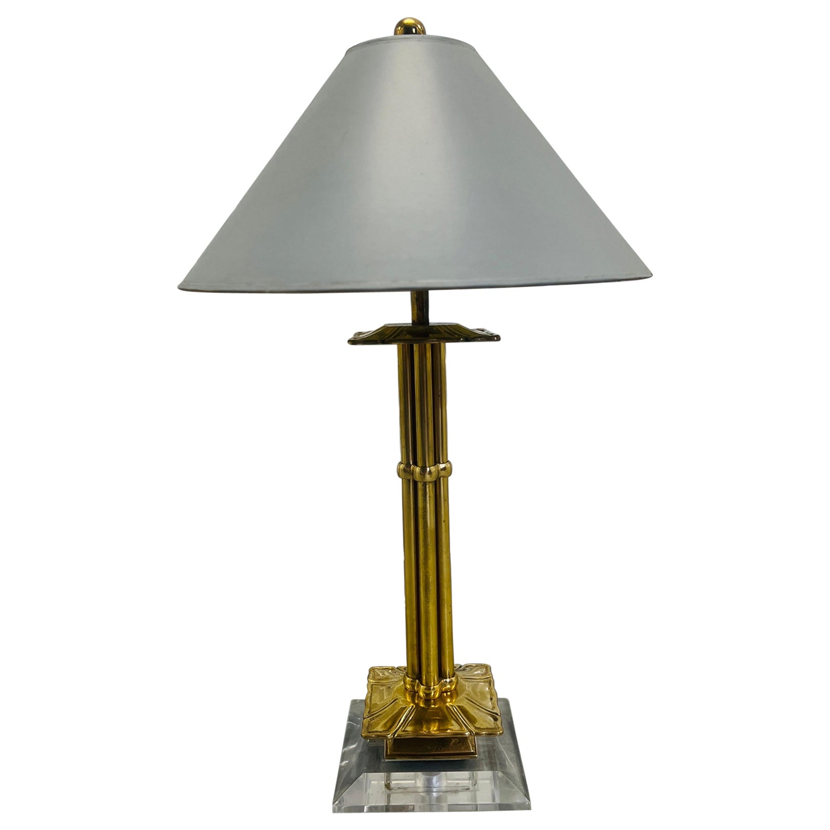 Vintage Mid Century Modern Brass & Lucite Chapman Lamp W/ Original Shade C. 1985 For Sale