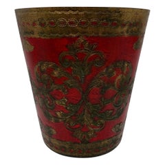 Retro Italian Florentine Red & Gold Waste Basket or Trash Bin