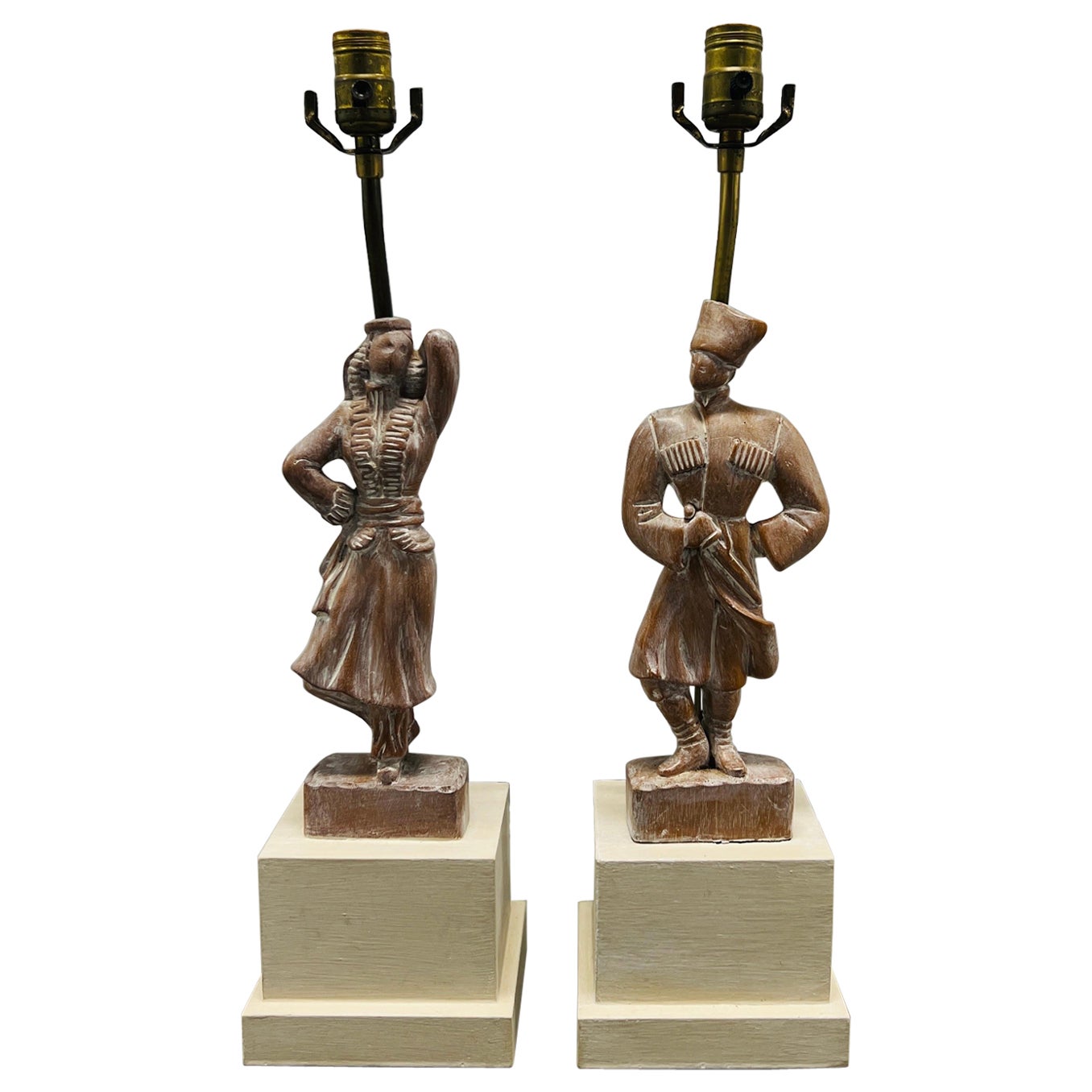 Pair, Yasha Heifetz "Male & Female Dancer" MCM Carved Wood Table Lamps For Sale