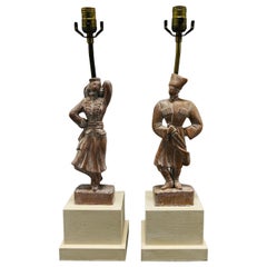 Pair, Yasha Heifetz "Male & Female Dancer" MCM Carved Wood Table Lamps