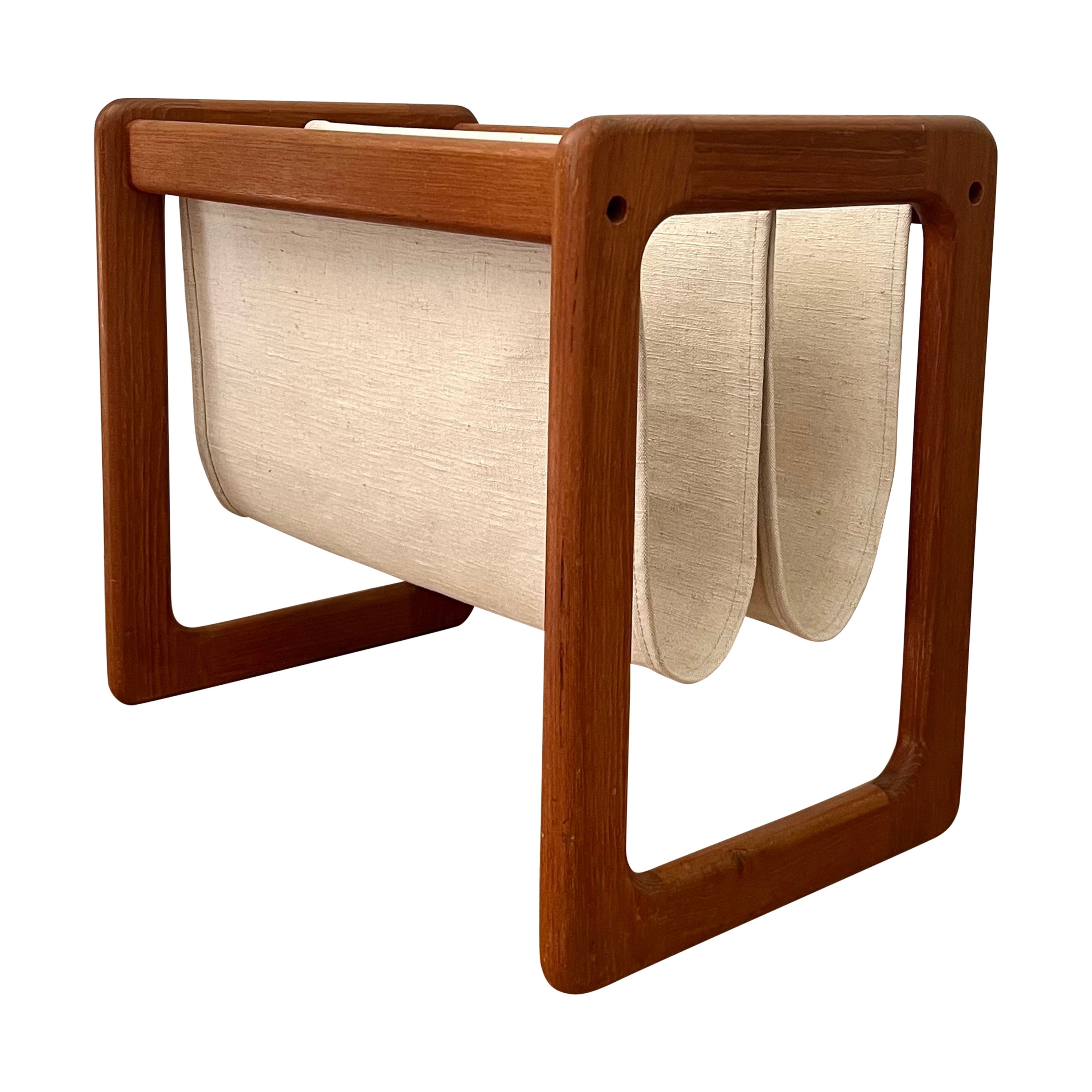 Danish teak magazine rack with natural linen  For Sale