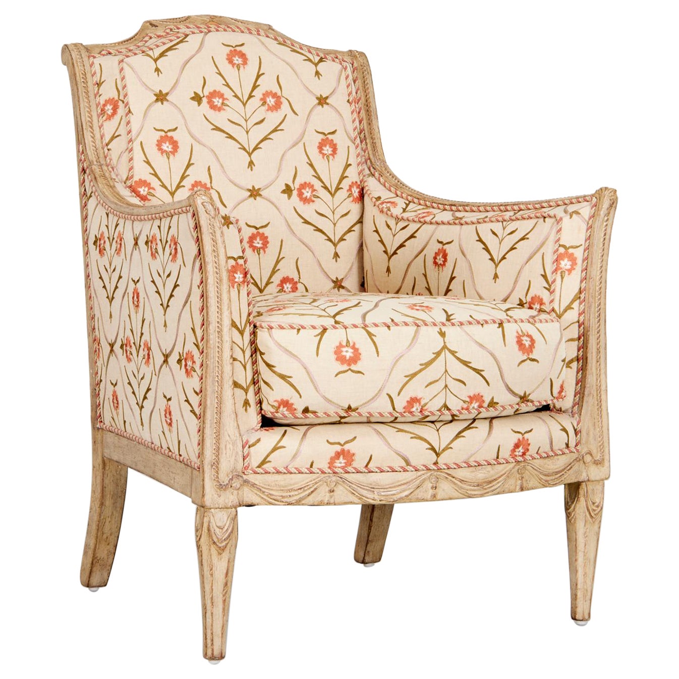 20th C. Directoire Style Painted and Floral Crewelwork Upholstered Bregere For Sale