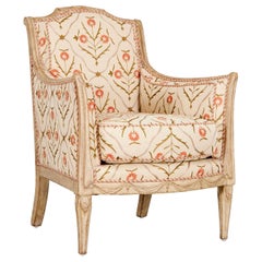 20th C. Directoire Style Painted and Floral Crewelwork Upholstered Bregere