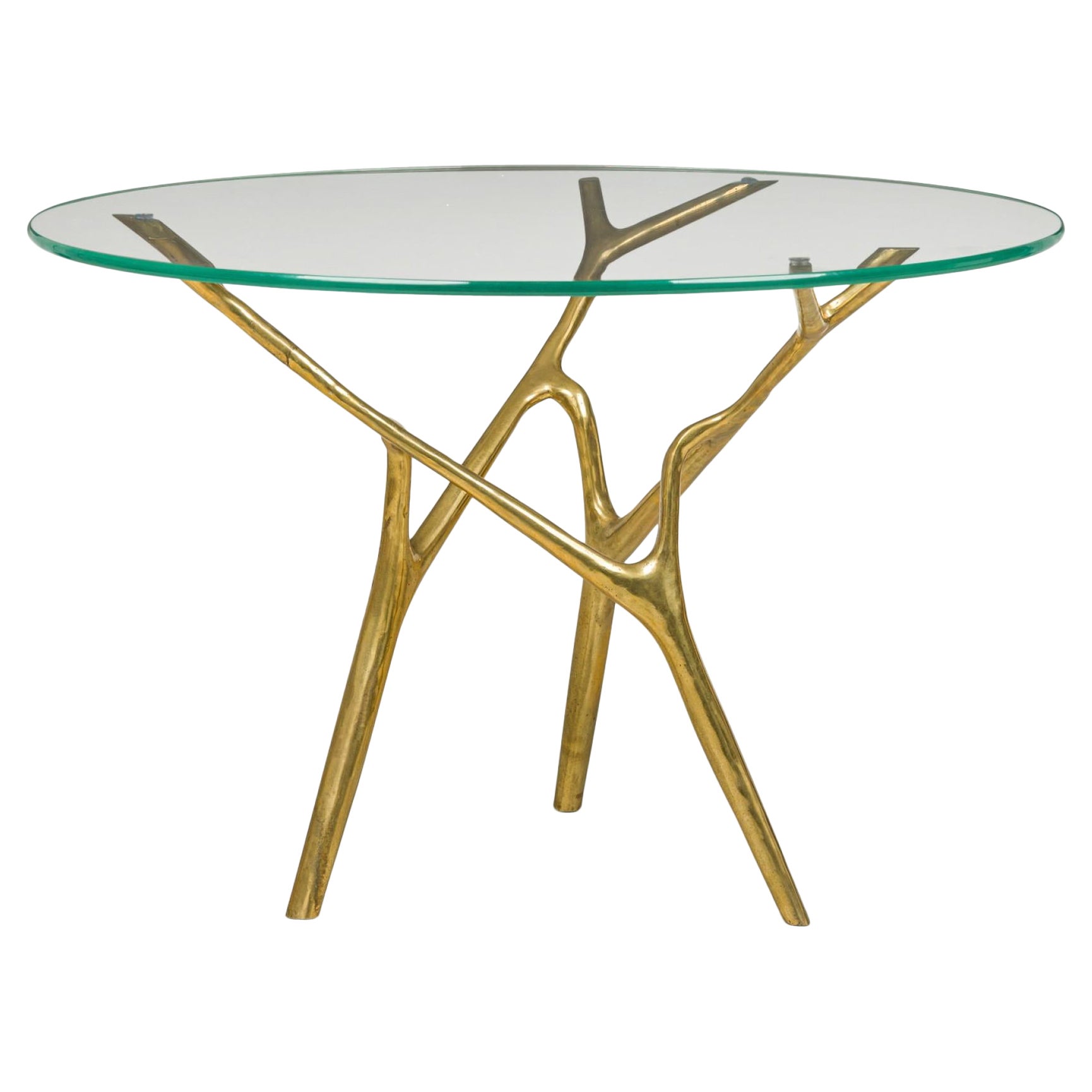 Table de salle à manger en bronze poli et verre en forme de branche circulaire