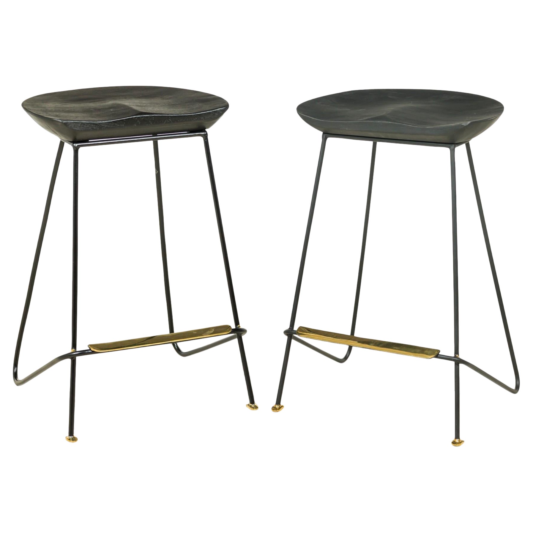 "Braga" Contemporary / Modern Ebonized Wood and Polished Bronze Stools For Sale