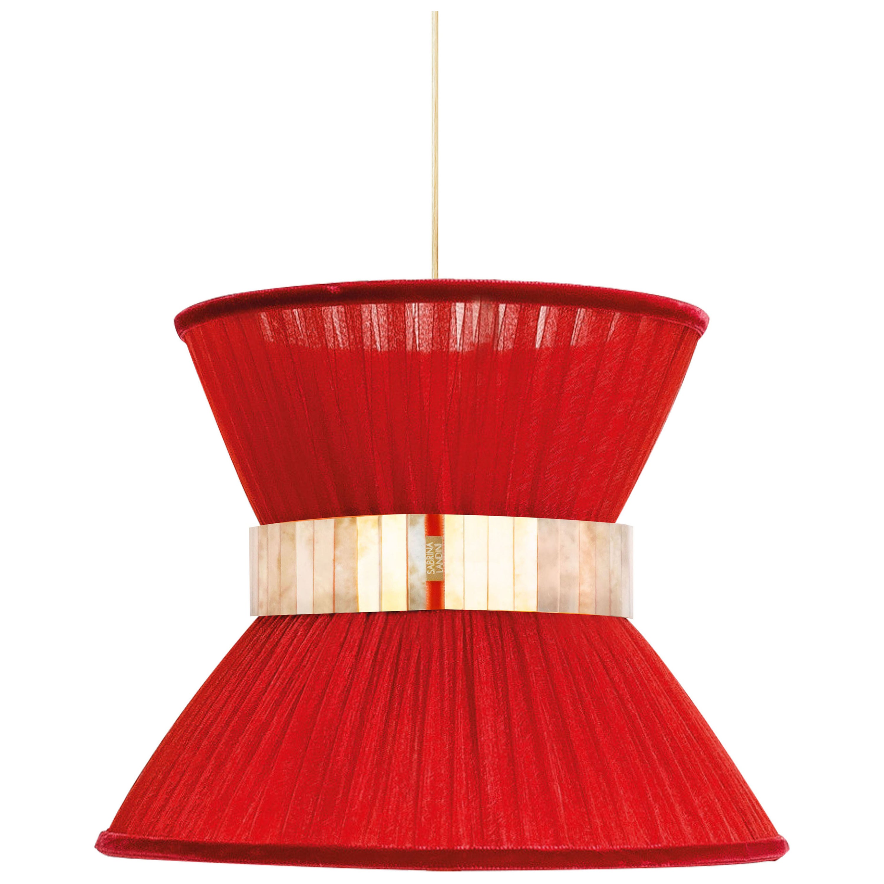 Lampe à suspension Tiffany 40 rouge rouille en verre de soie argenté et laiton vieilli en vente