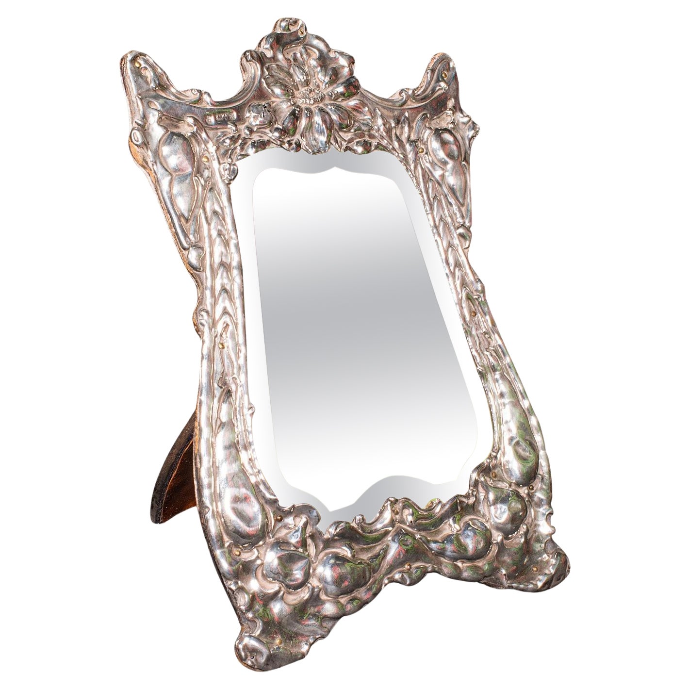 Antique Vanity Mirror, English, Sterling Silver, Glass, Hallmarked, Edwardian For Sale