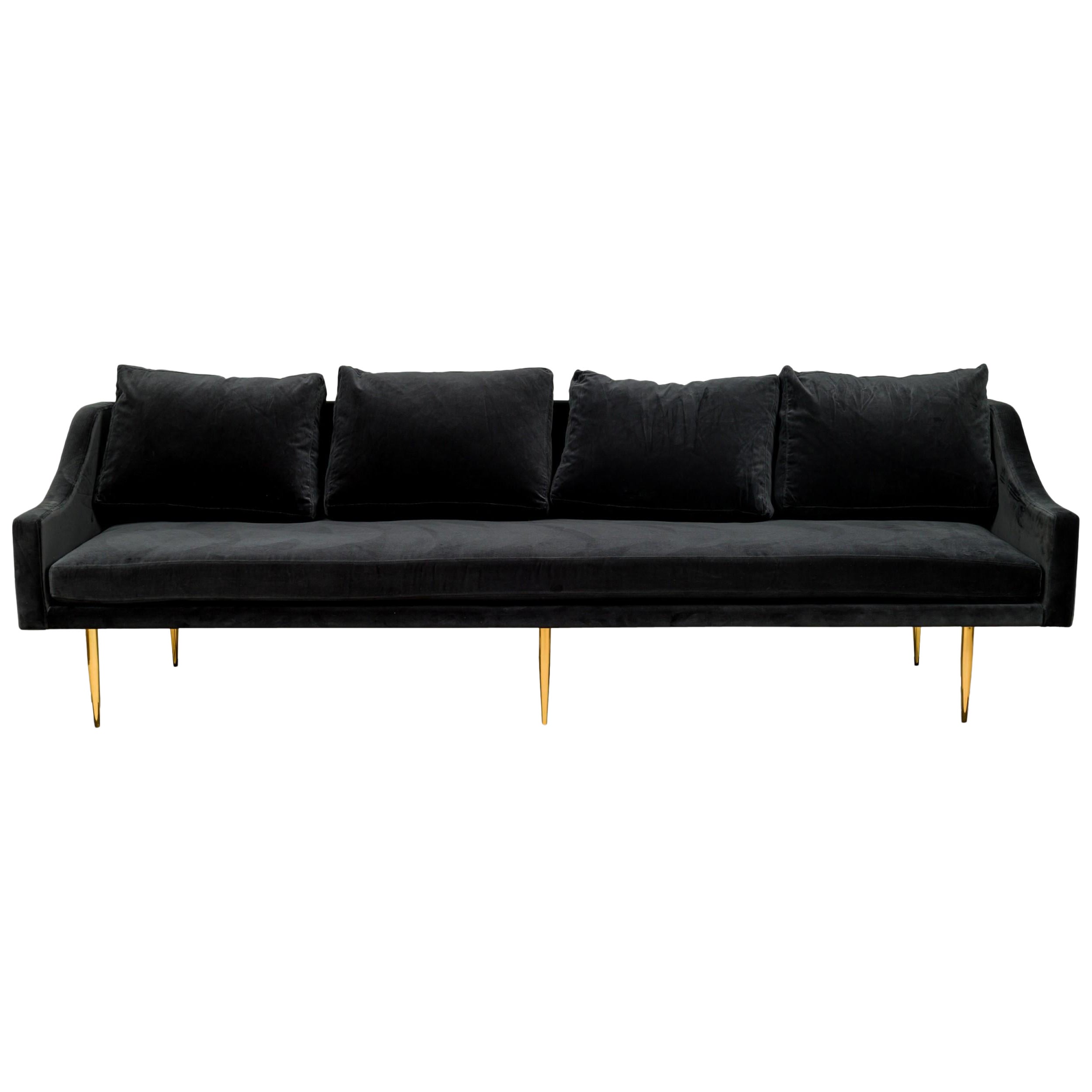 "Sintra" Contemporary Modern Charcoal Gray Velvet and Polished Bronze Sofa