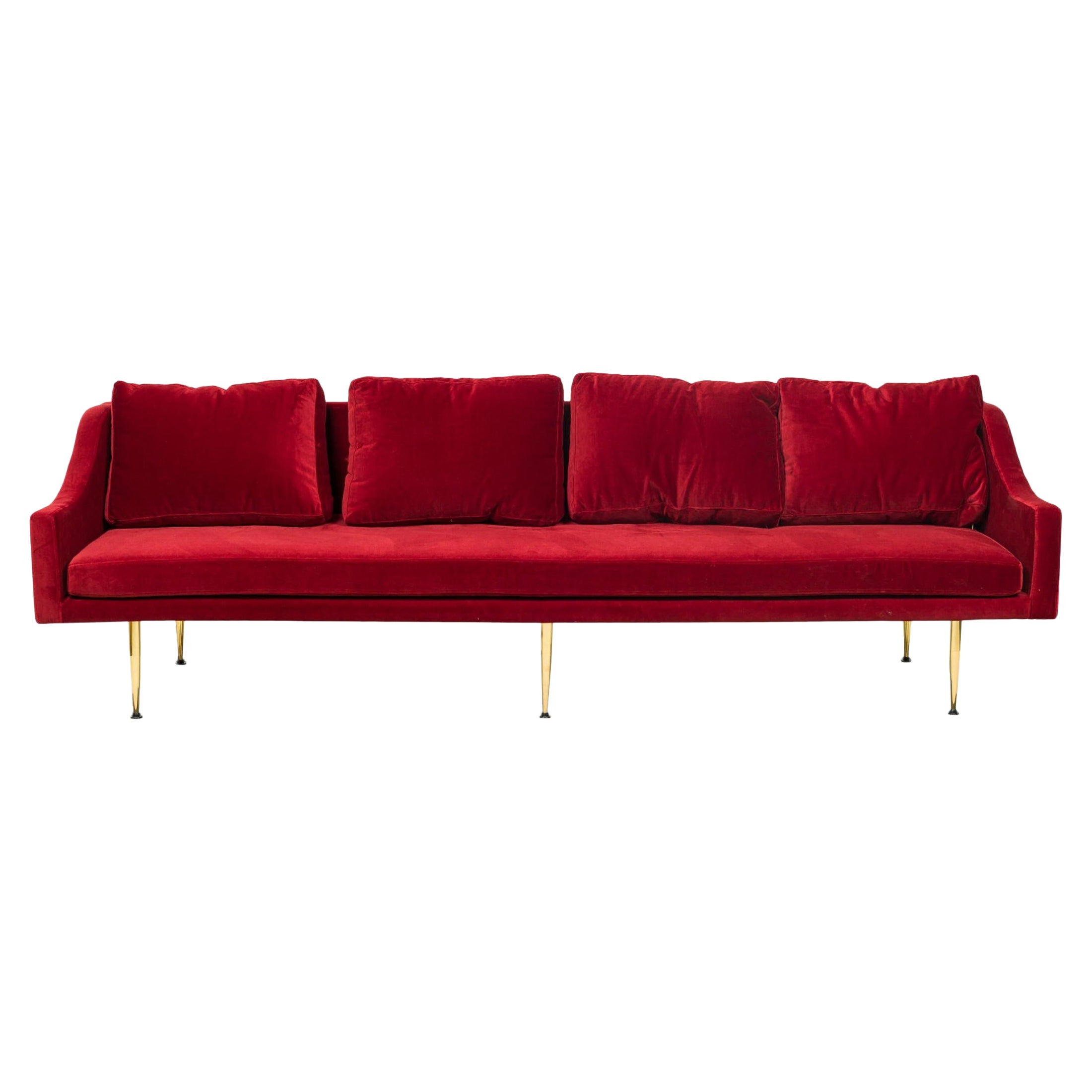 "Sintra" Contemporary Modern Charcoal Dark Red Velvet and Polished Bronze Sofa For Sale