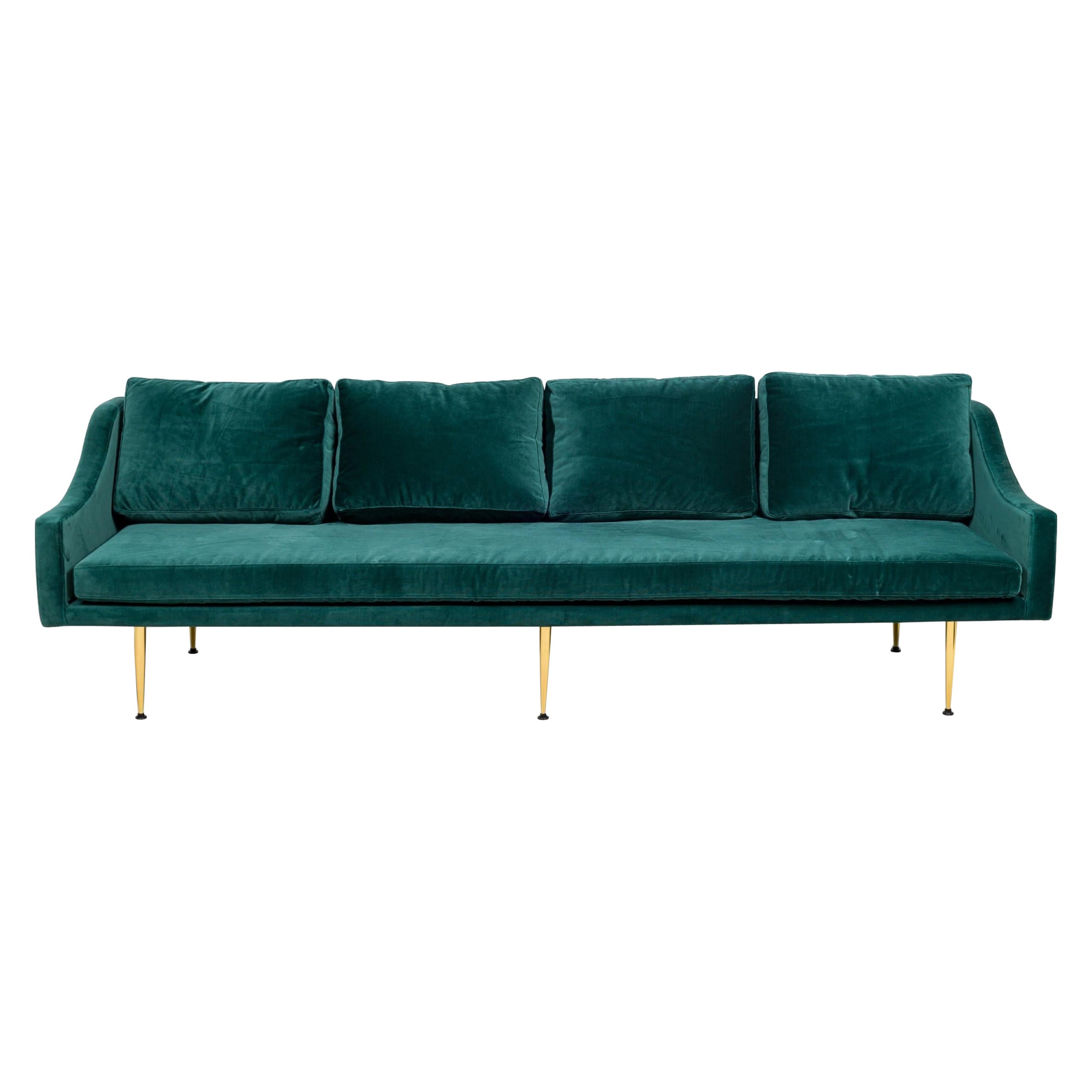 "Sintra" Contemporary Modern Dark Sea Green Velvet and Polished Bronze Sofa For Sale
