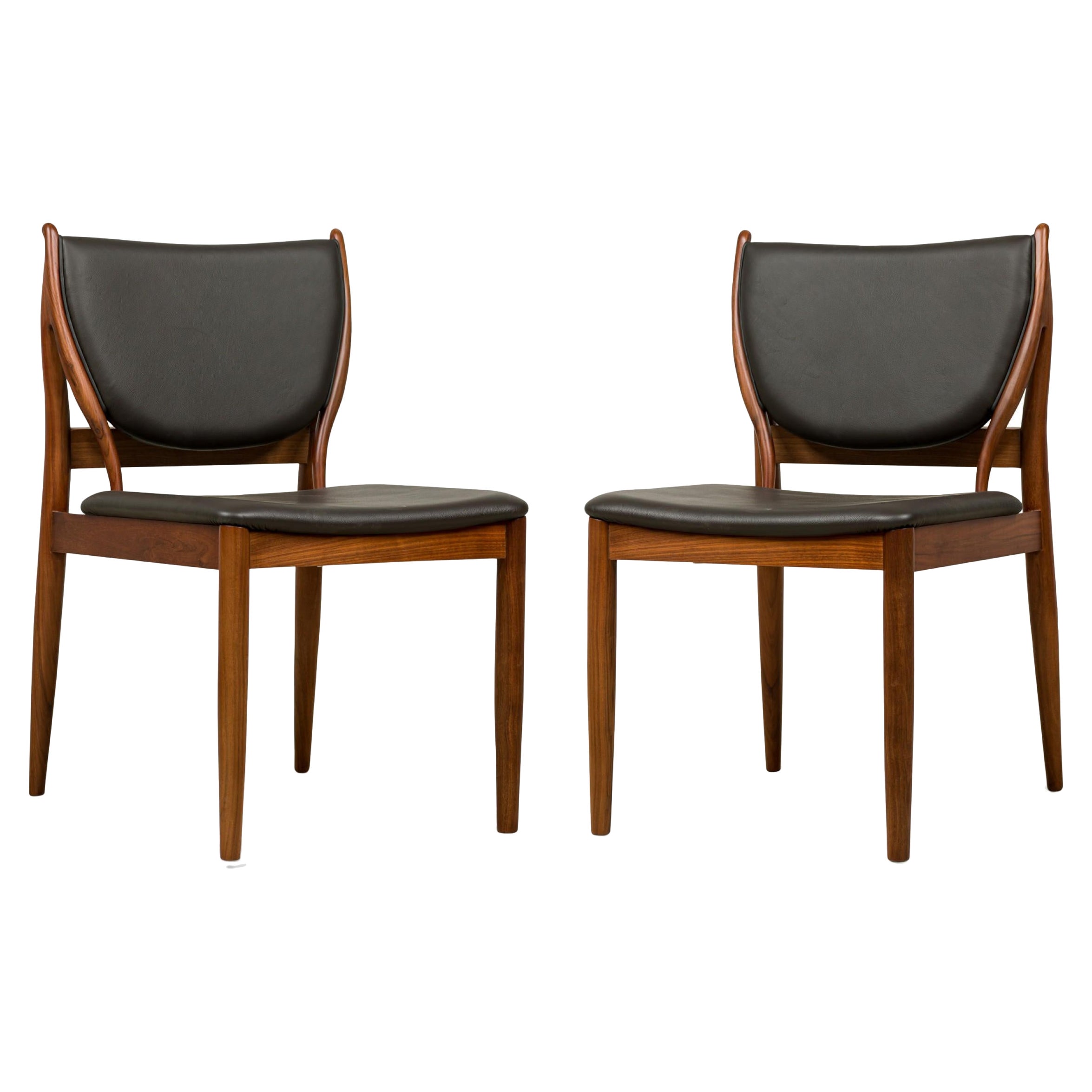 Contemporary / Modern Walnut and Dark Olive Leather Dining Side Chairs For Sale