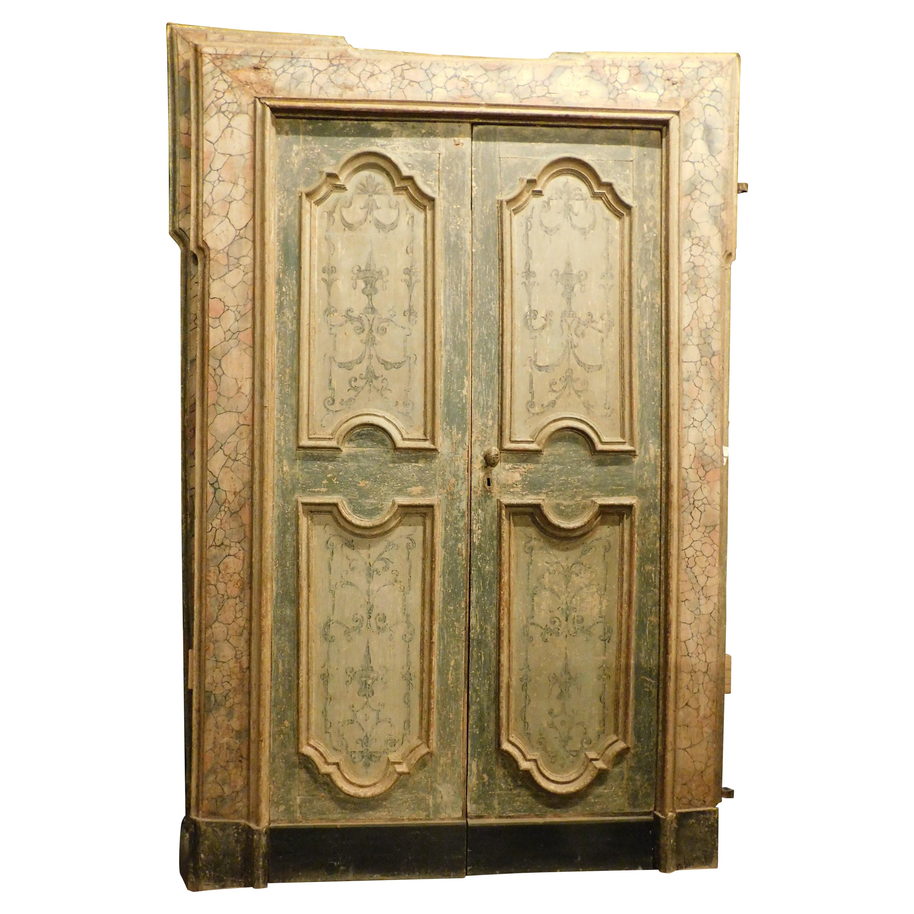 N.2 double interior doors, lacquered and painted, faux marble frame, Naples  For Sale