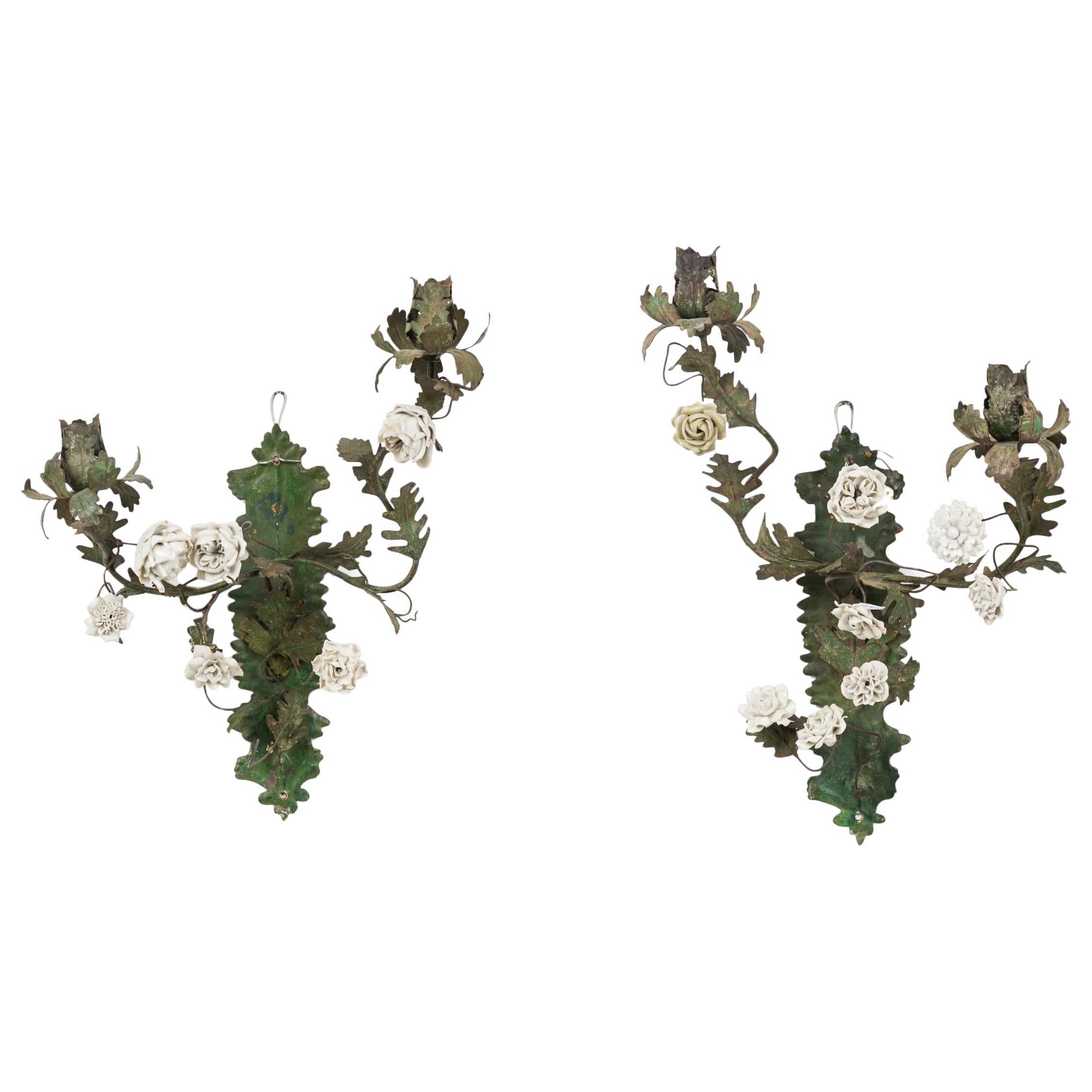 Pair of Italian Tole and Porcelain Two-Light Floral Wall Appliqués / Sconces For Sale