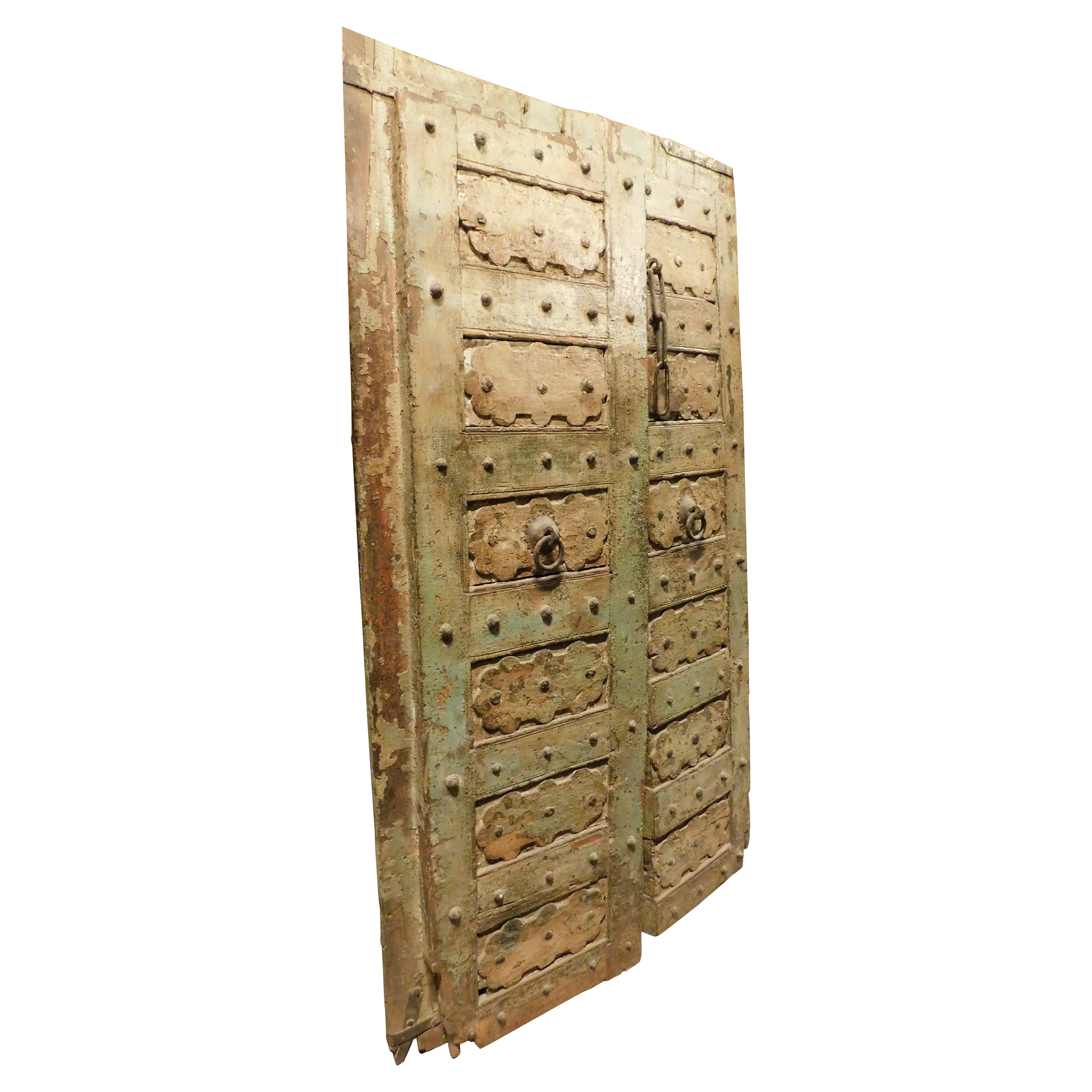 Ethnic entrance door, carved and lacquered with irons, India For Sale