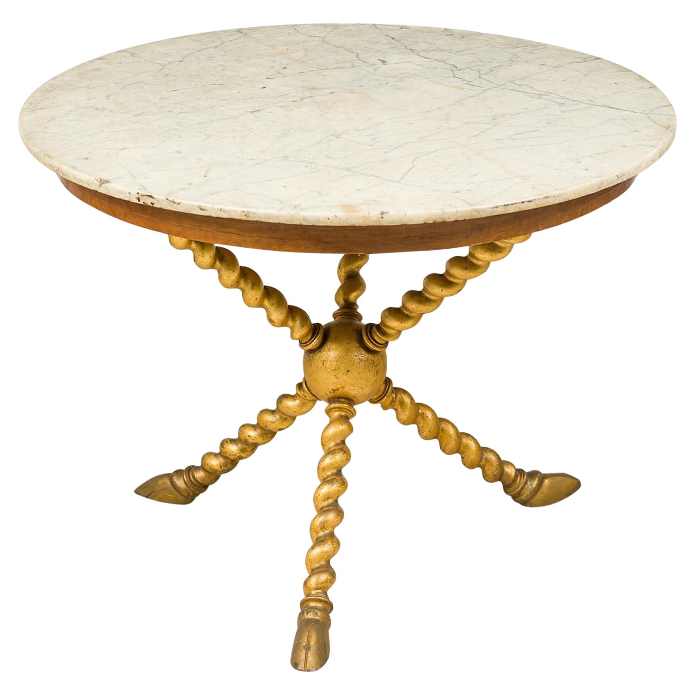 Circular Walnut, Giltwood and Marble Center Table