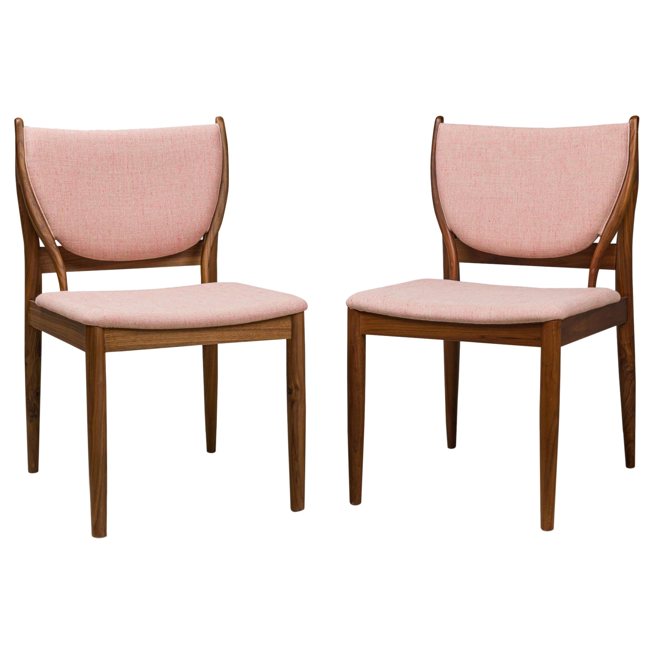 "Lagos" / Modern Walnut and Rose Pink Upholstered Dining Side Chairs For Sale