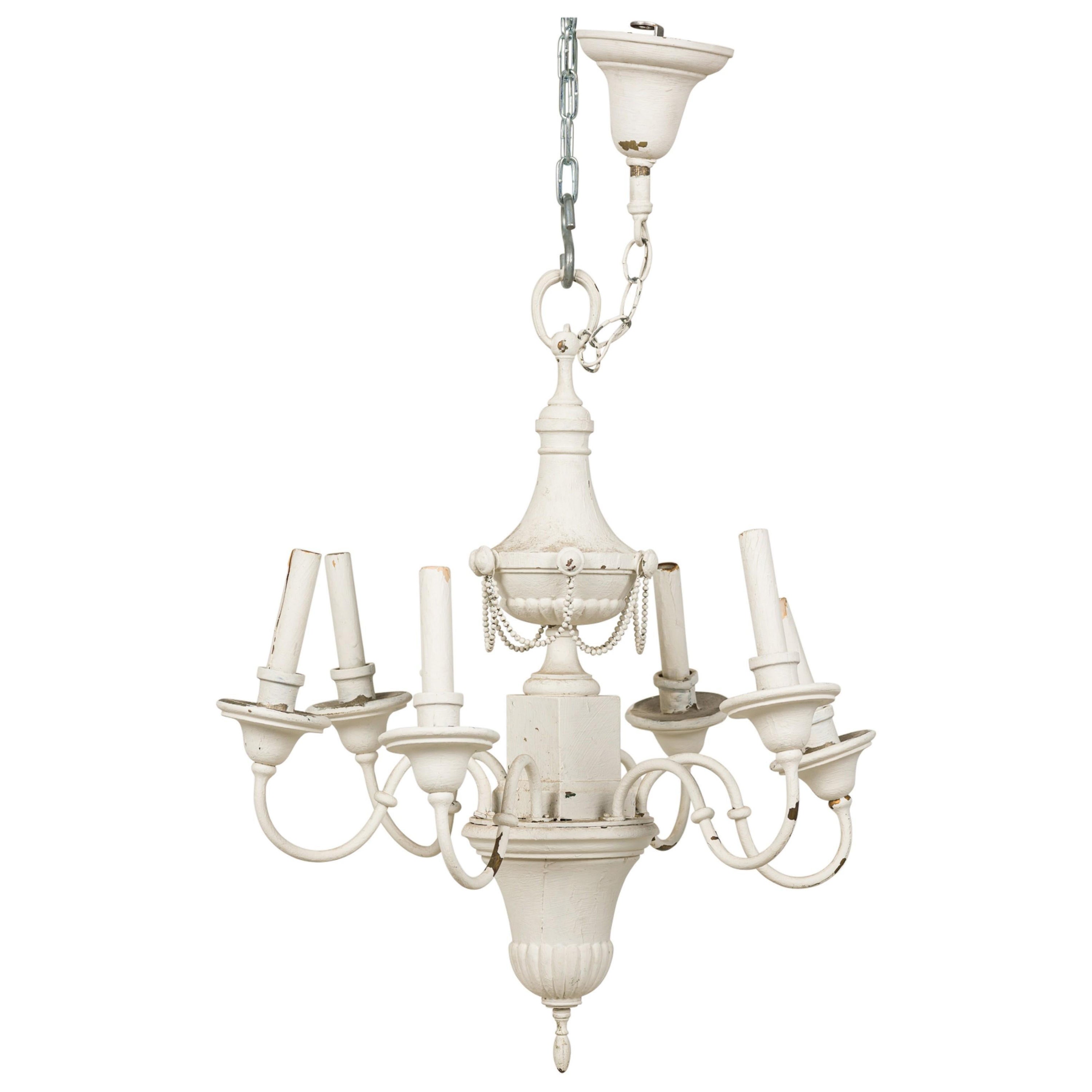 French Empire Style White Painted Tole 6-Light Chandelier