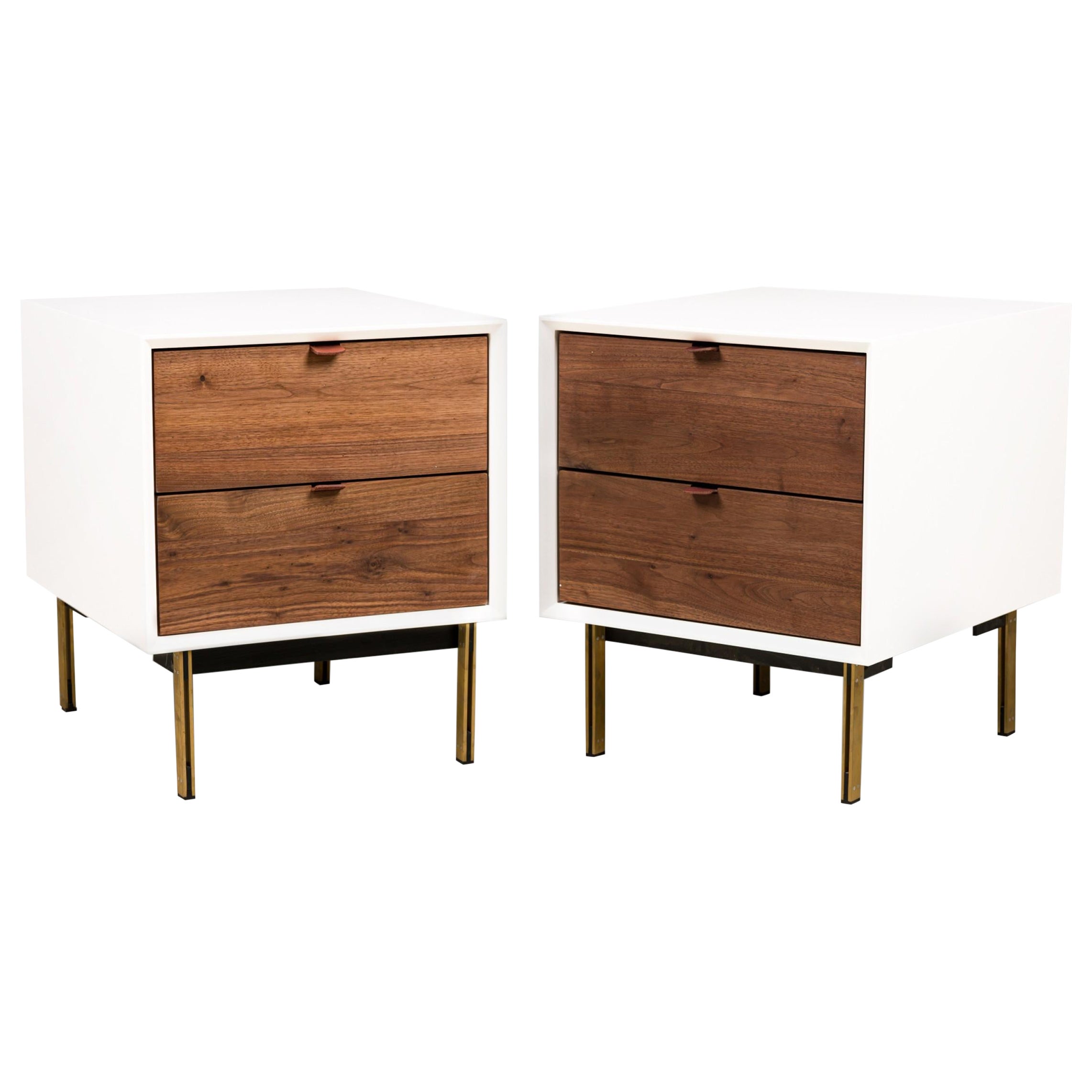 White "Lustrosa" Cabinet and Natural Wood 2-Drawer Nightstands / Bedside Tables For Sale