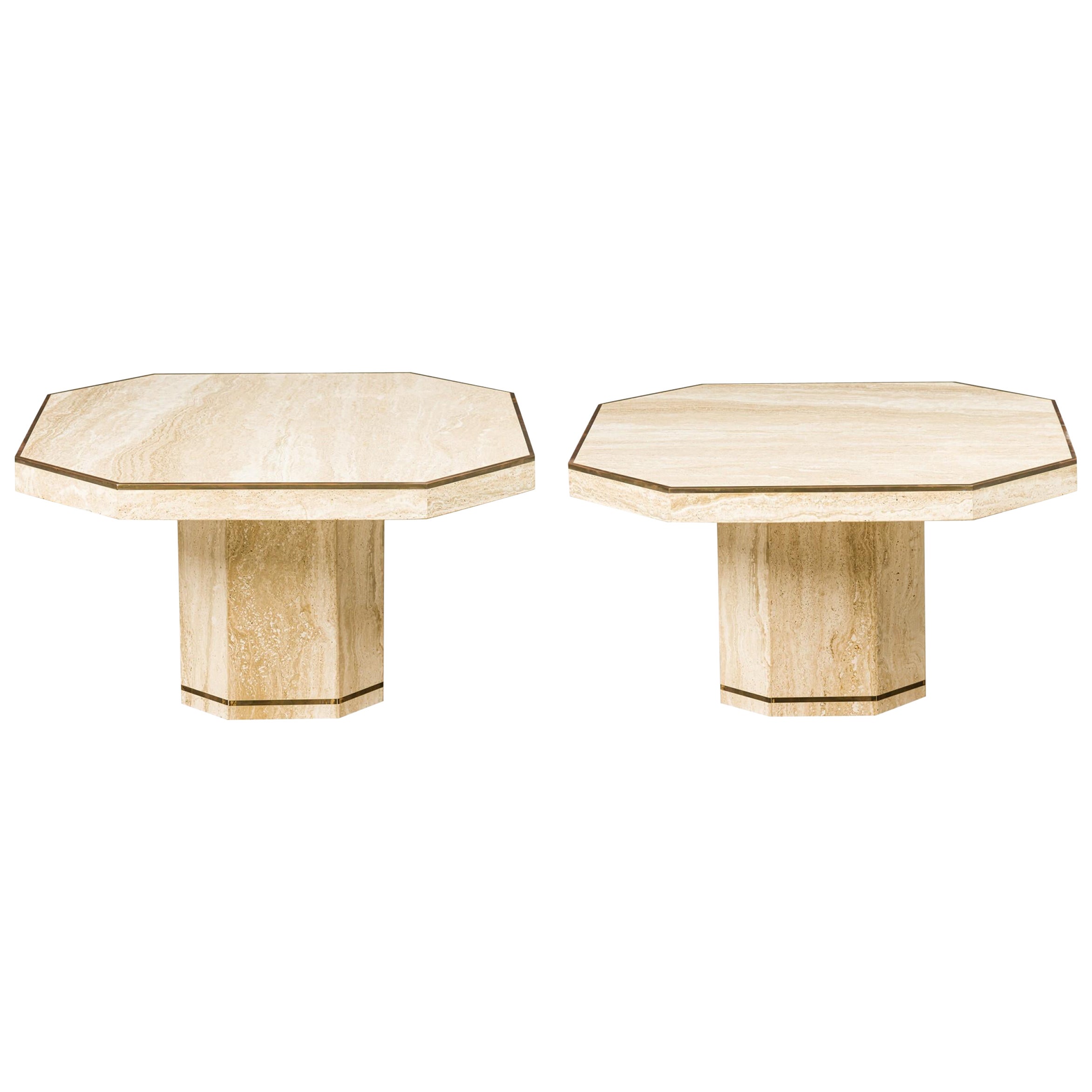 Pair of Willy Rizzo for Jean Charles Italian Modern Travertine Low Octagonal Tab For Sale